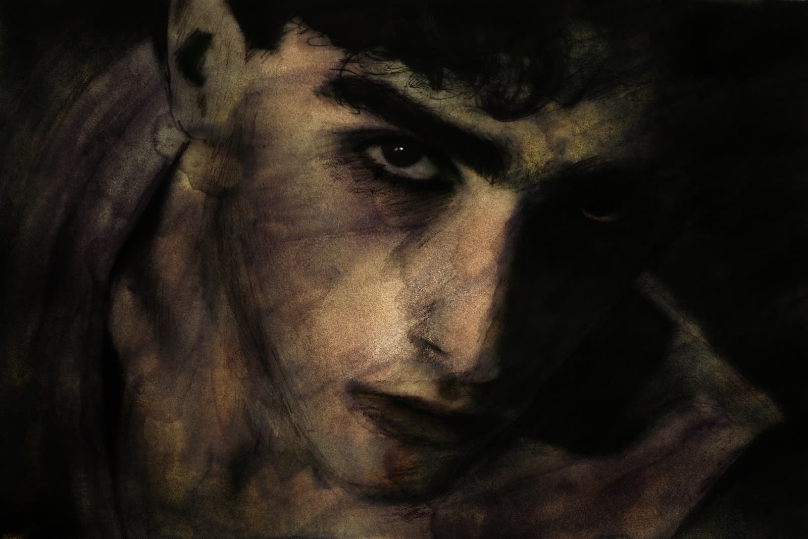 Close portrait in deep umber, painterly grain.
